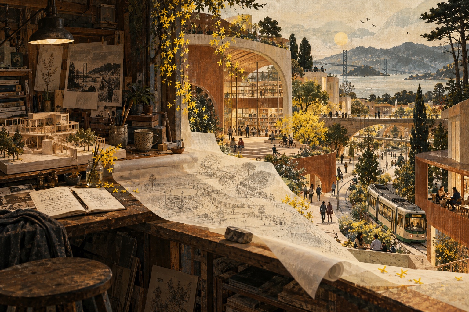 Illustration of a designer's workbench whose drafting paper unrolls into a future city on San Francisco Bay, with a streetcar, gardens, and people walking under yellow blossoms.